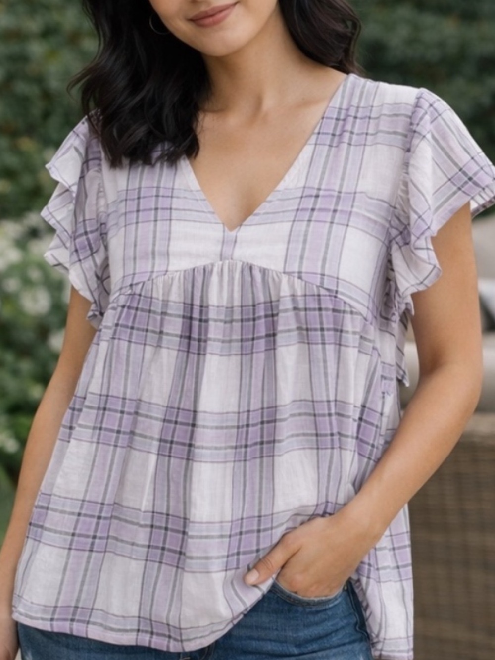 Caslon Lavender & Green Plaid V-Neck Flutter Sleeve Top